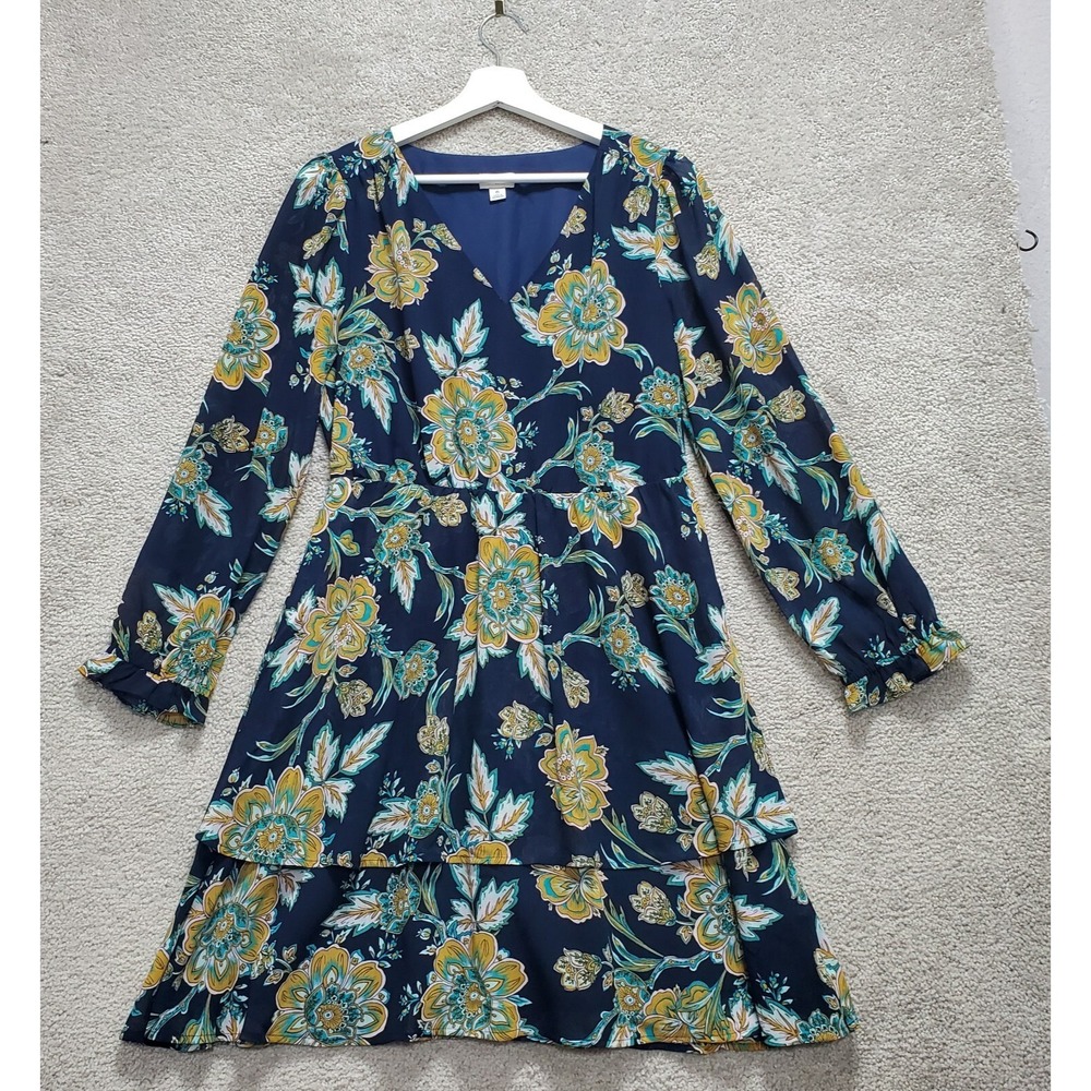 J.Crew Tiered Mini Dress Women 6 Navy Green Floral Puff Sleeve Cottagecore Fairy